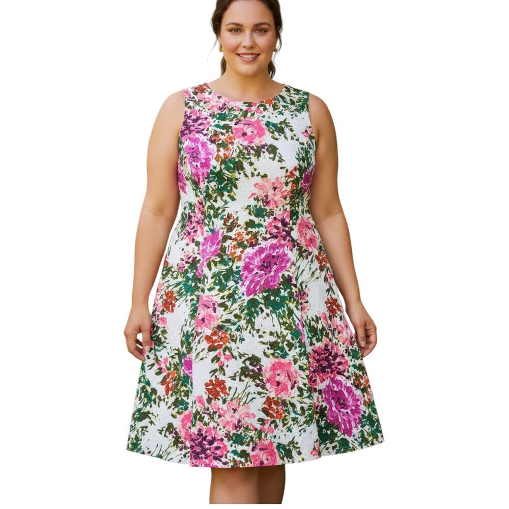 Liz Claiborne Women’s 16W Floral A-Line Dress Pink White Textured Stretch Church